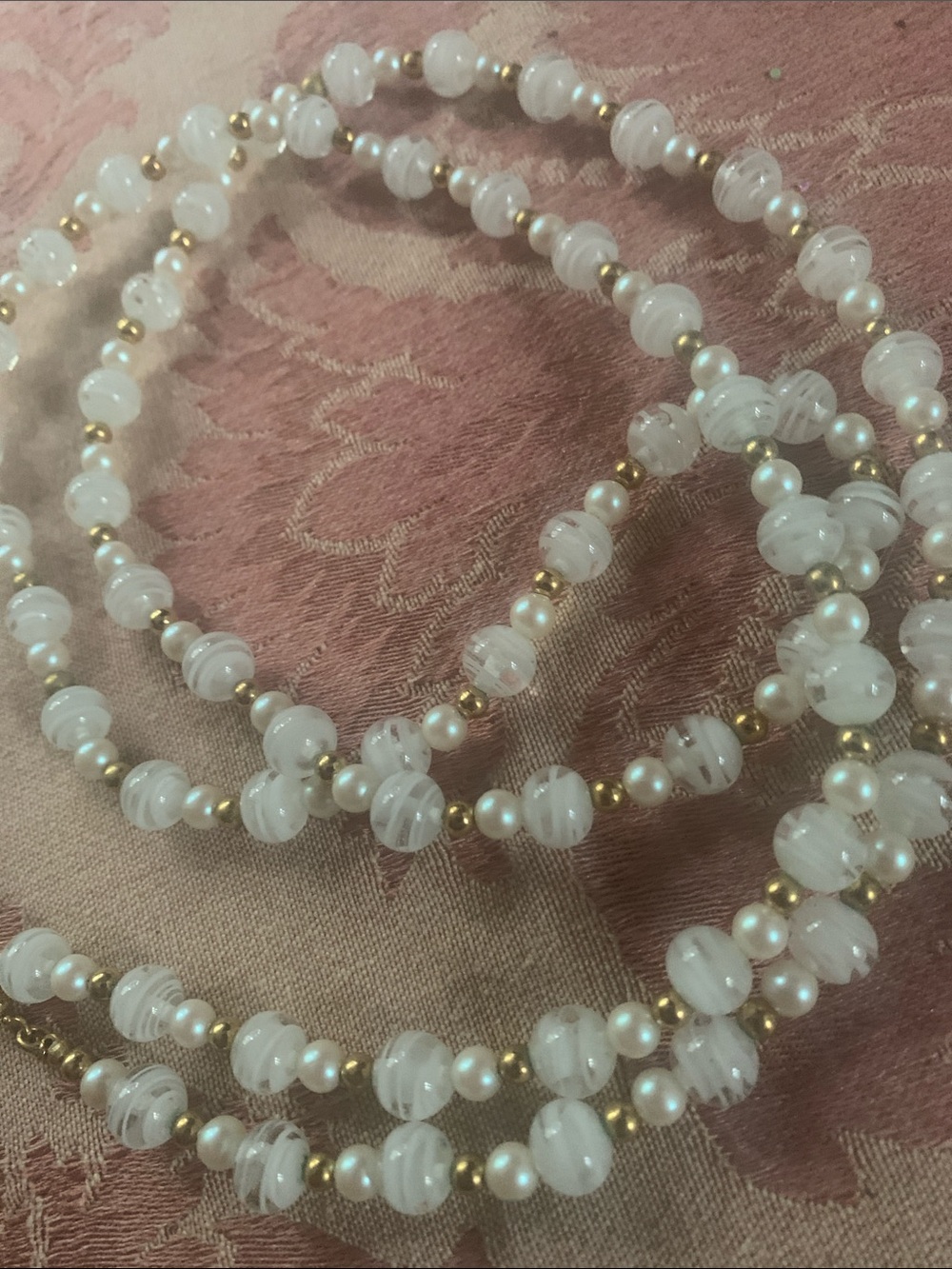 Vintage Monet Glass Pearl and Gold Bead Layered Necklace - White & Gold